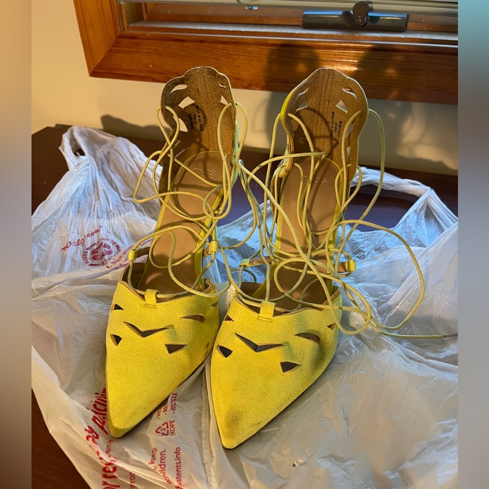 Asos Bright Yellow Cutout Low Heels with Tie Straps US6